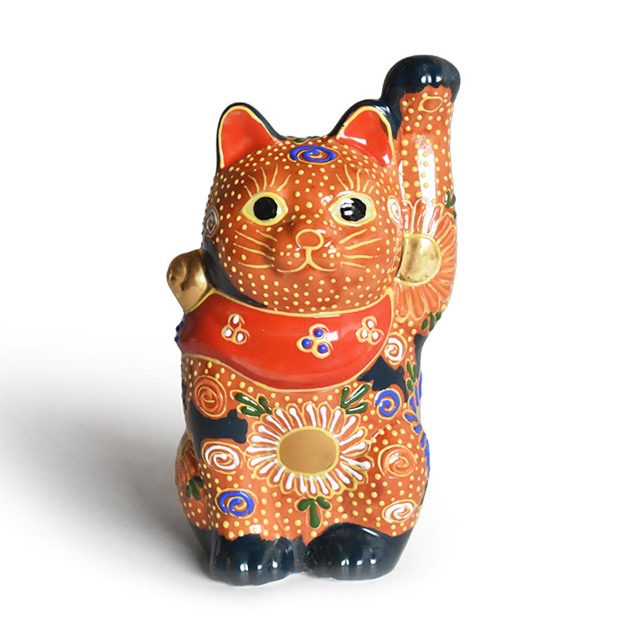 九谷焼 招き猫 オールドタイプ 置物 紺茶盛