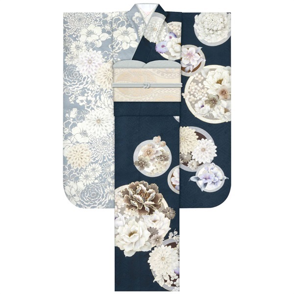 F5704 片身替り／紺色×花丸紋と菊柄の正絹振袖単品【和風館ICHI】