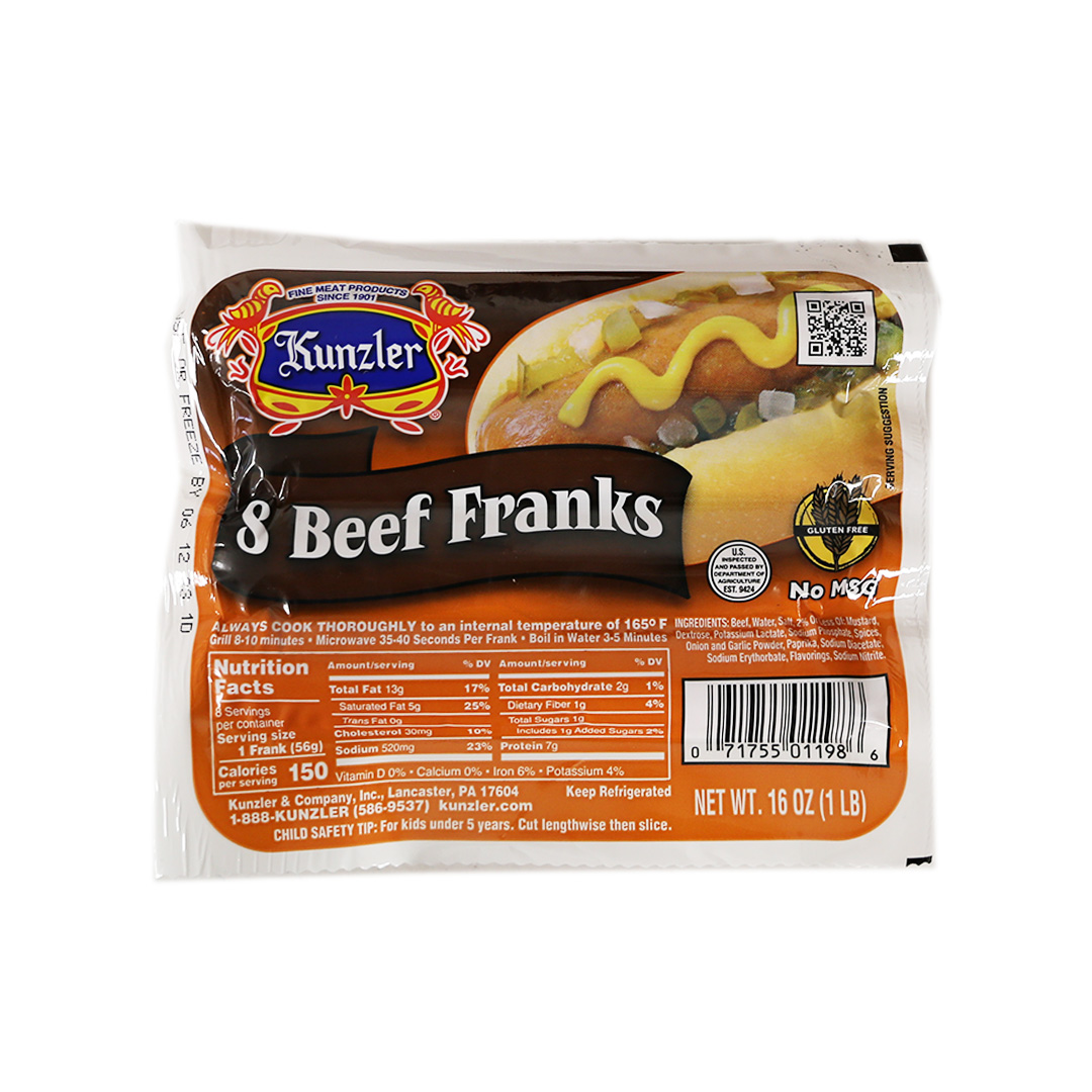 Hot Dogs - Beef Franks Kunzler 1 lb | Walnut Creek Foods