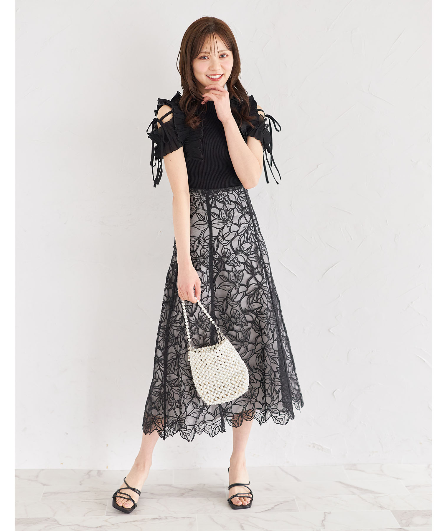 りぼん付きプリーツシフォンフリル切り替えリブニットプルオーバー