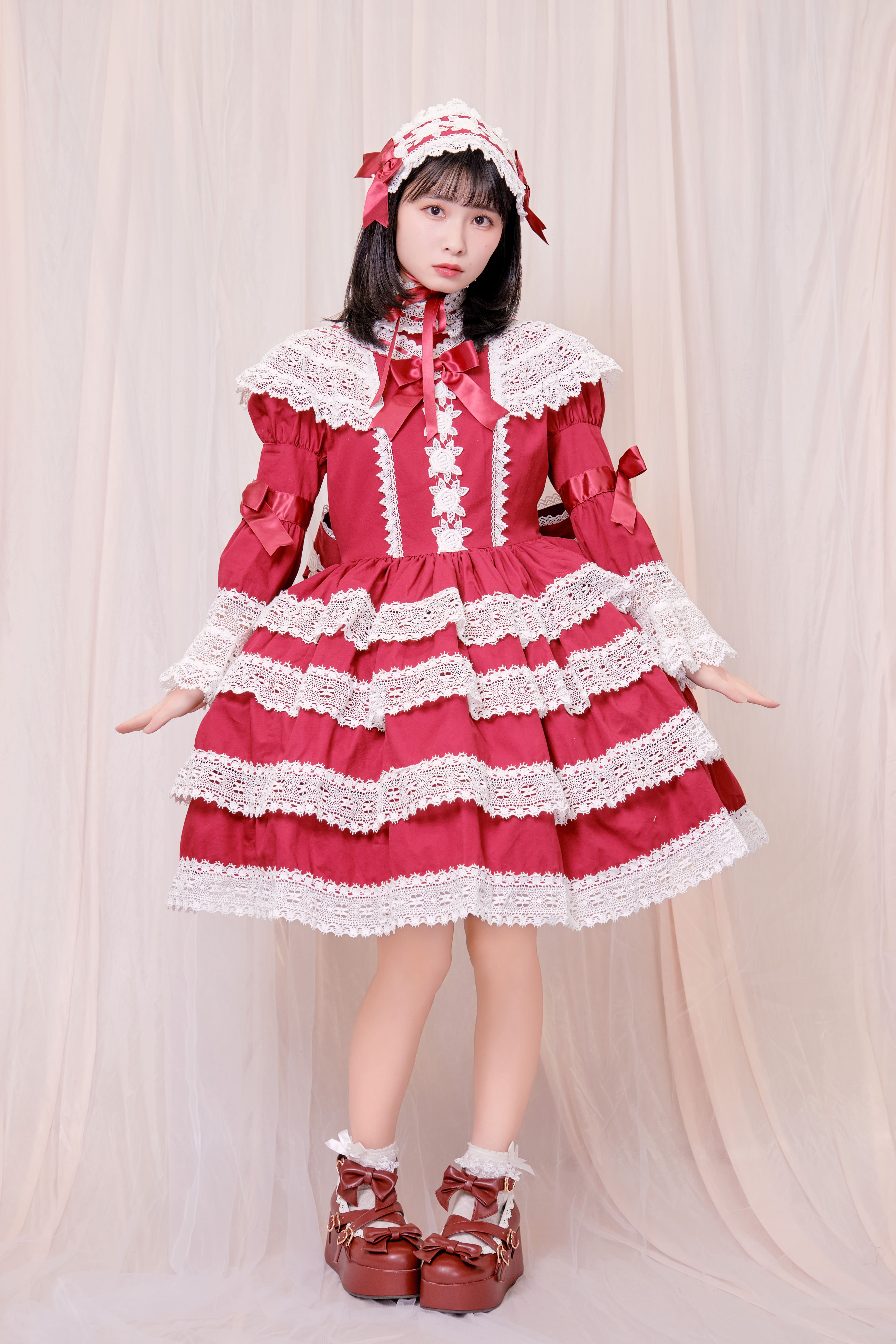 エリザベスワンピース＆ヘッドドレスセット(エンジ)｜東京ロリィタ