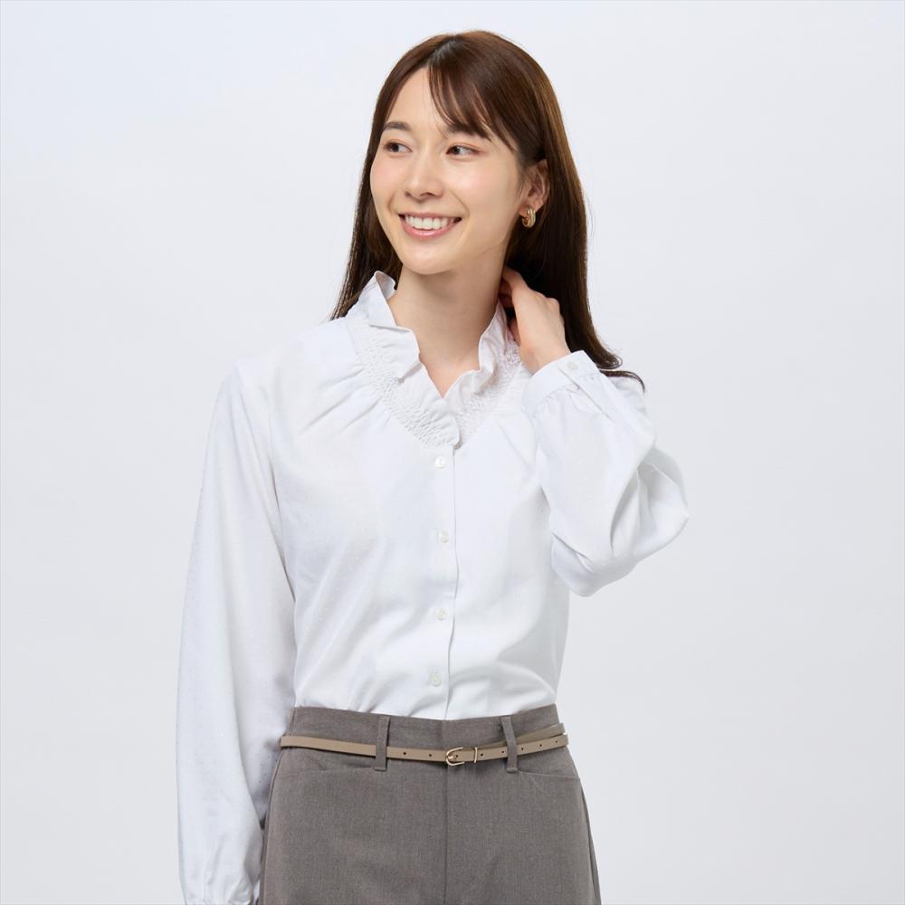 COFREX】 Vネックフリル 長袖 レディースフリルシャツ(S ホワイト