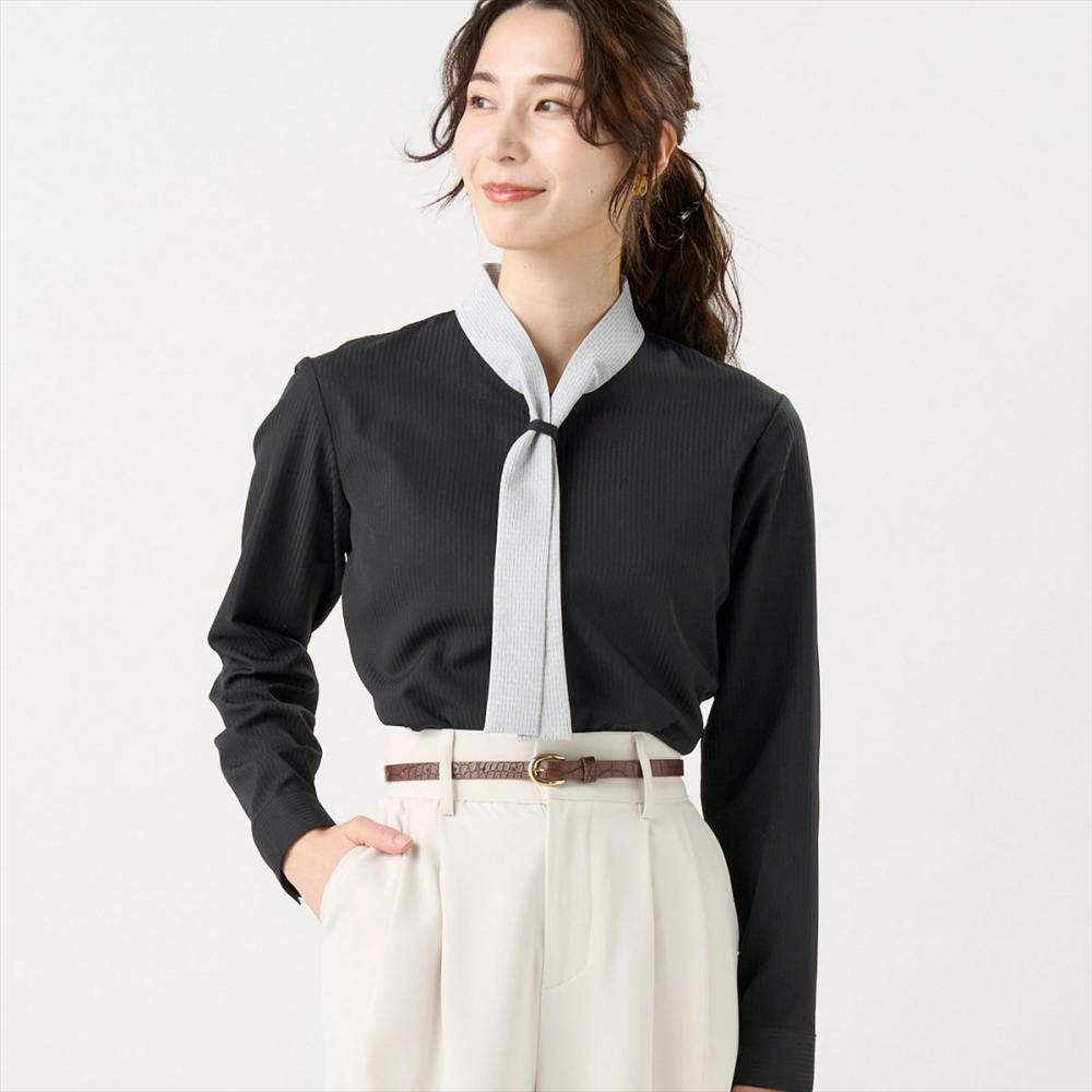 COFREX】 配色ボウタイ ブラウス 長袖 レディースデザインシャツ(S