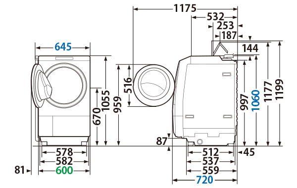 寸法・仕様 | TW-127XP3L/TW-127XP3R | 洗濯機・洗濯乾燥機 | 東芝