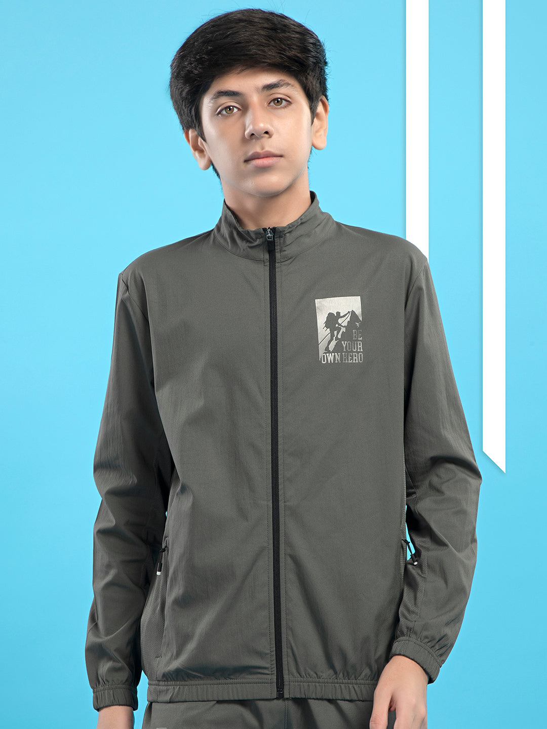 Boys Colorblock Slim Fit Mock Neck Sports Jacket with TS FLEXI