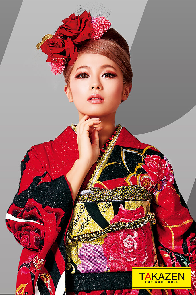 格安モード 黒/赤 薔薇柄 おしゃれ かっこいい系振袖 フルセット10万円