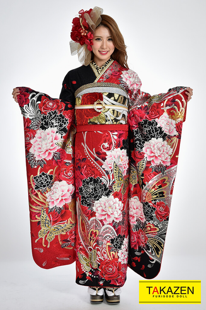 モード 赤/黒 ボタン柄/蝶々柄 派手 目立つ カッコイイ振袖 豪華