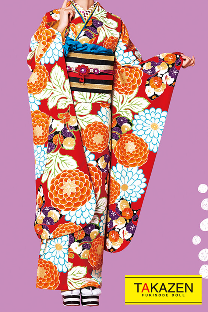 プチプラレトロ オレンジ/赤/ビタミンカラー/原色 菊柄 個性的振袖