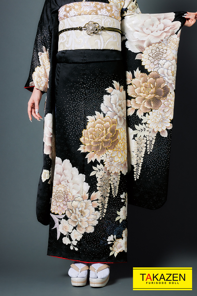 モード 黒 牡丹柄 ゆうちゃみ振袖 個性派 ヴィンテージモード