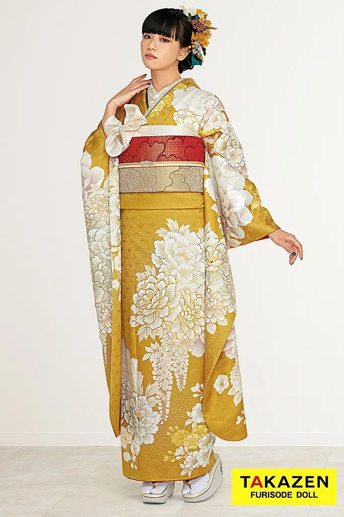 正統派古典 マスタード/からし ボタン柄/藤の花柄 ヴィンテージ