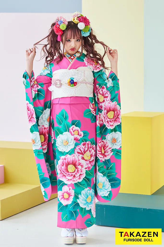 レトロポップ ショッキングピンク 椿柄 個性的 目立つ かわいい