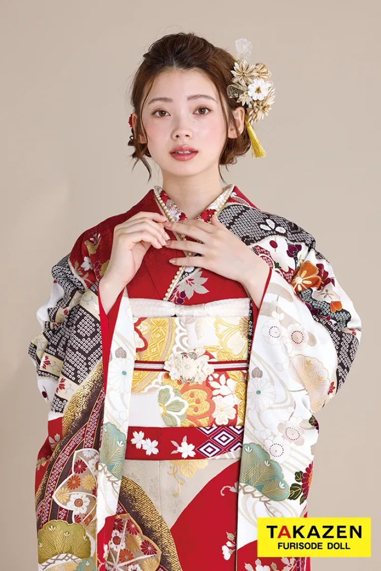 正統派古典 赤/白 貝桶柄/牡丹柄 金彩金駒刺繍京友禅 定番 上品 綺麗