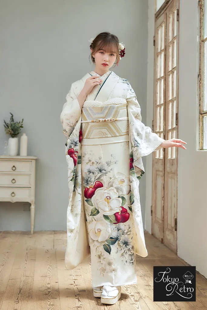 東京レトロ アイボリー/白ベース 椿柄 アンティーク調 かわいい 人気