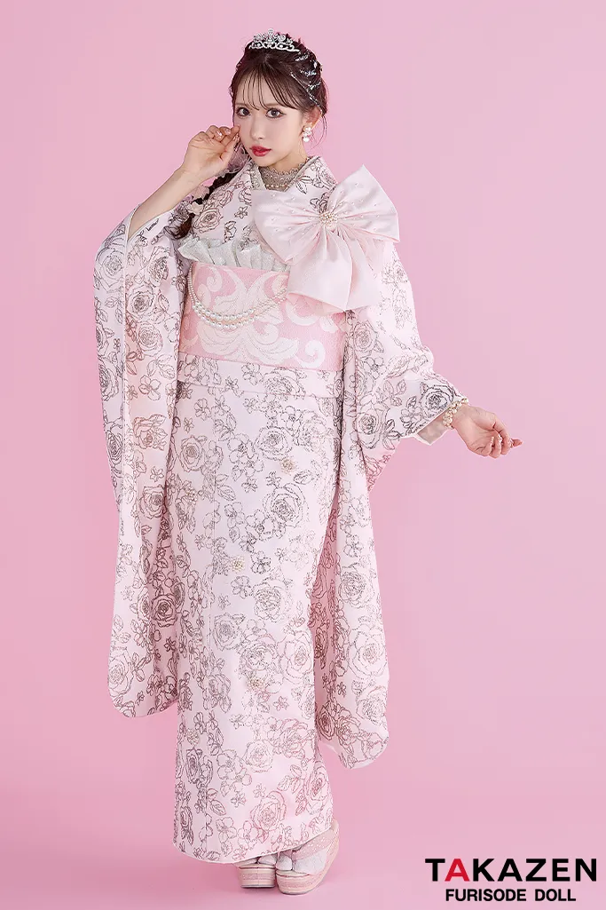 ヘップバーンシュシュ ピンク バラ柄 グリッター キラキラ振袖 リボン