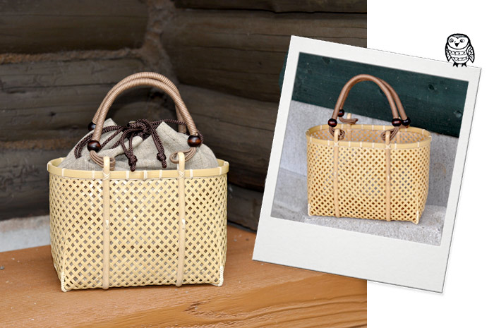 四ツ目編みバッグ ミニ/かごバッグ/竹籠/一点もの/巾着付き/女性/国産