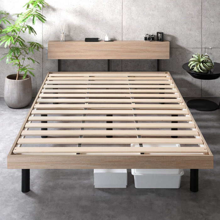 予約済み)すのこダブルベッドフレーム(KG 宮・照明付き 深型 LBR