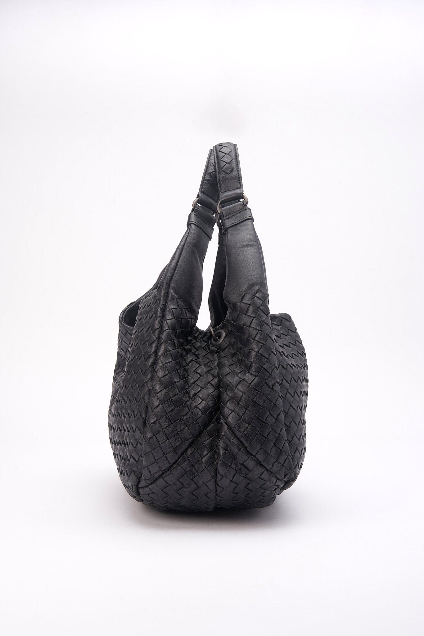 Vintage Bottega Veneta Black Intrecciato Leather Hobo Shoulder Bag