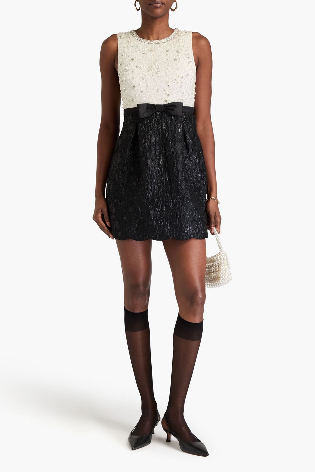 ALICE + OLIVIA Embellished cloqué-paneled metallic satin mini