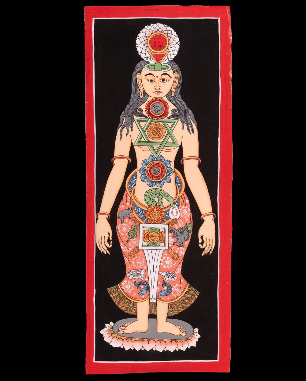 一点物〕タンカ - チャクラ人体曼荼羅・エネルギー体図[52cm x 20cm