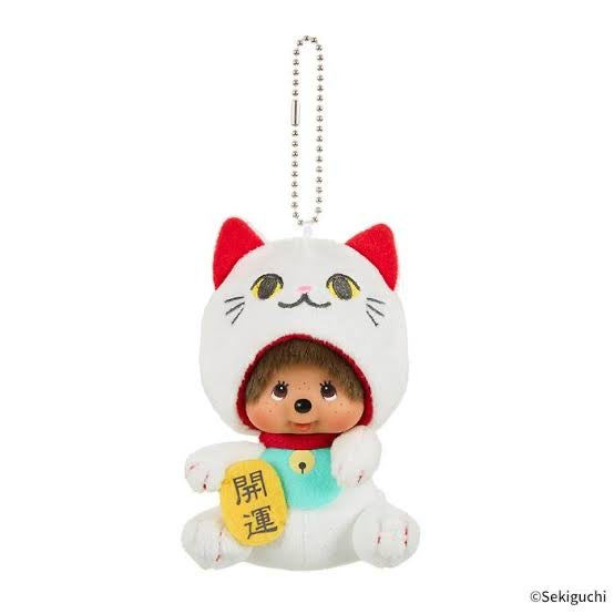 Monchhichi｜White Maneki Neko Lucky Cat Costume Monkey Doll Toy