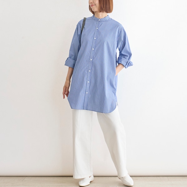 ストライプバンドカラーロングシャツ(ネイビー)｜SALE（ファッション