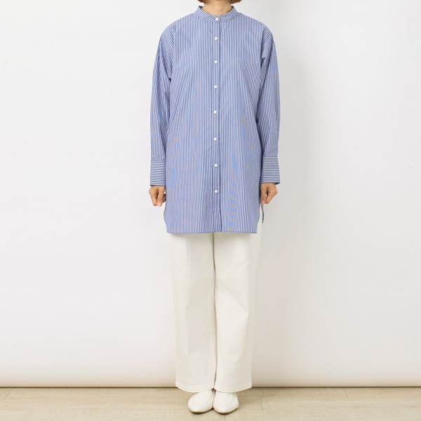 ストライプバンドカラーロングシャツ(ネイビー)｜SALE（ファッション