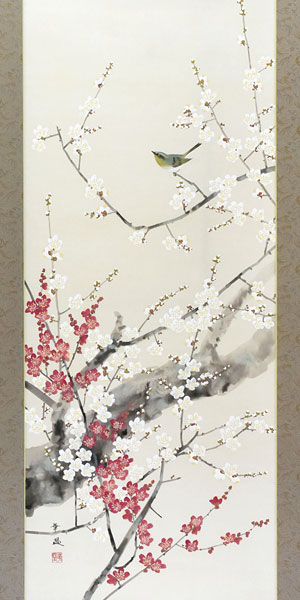 花鳥の掛け軸 出口華凰作 紅白梅に鶯