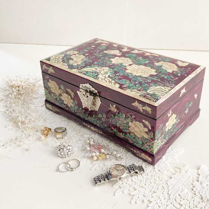 螺鈿の高級ジュエリーボックス 牡丹パープル 大容量2段スライド収納