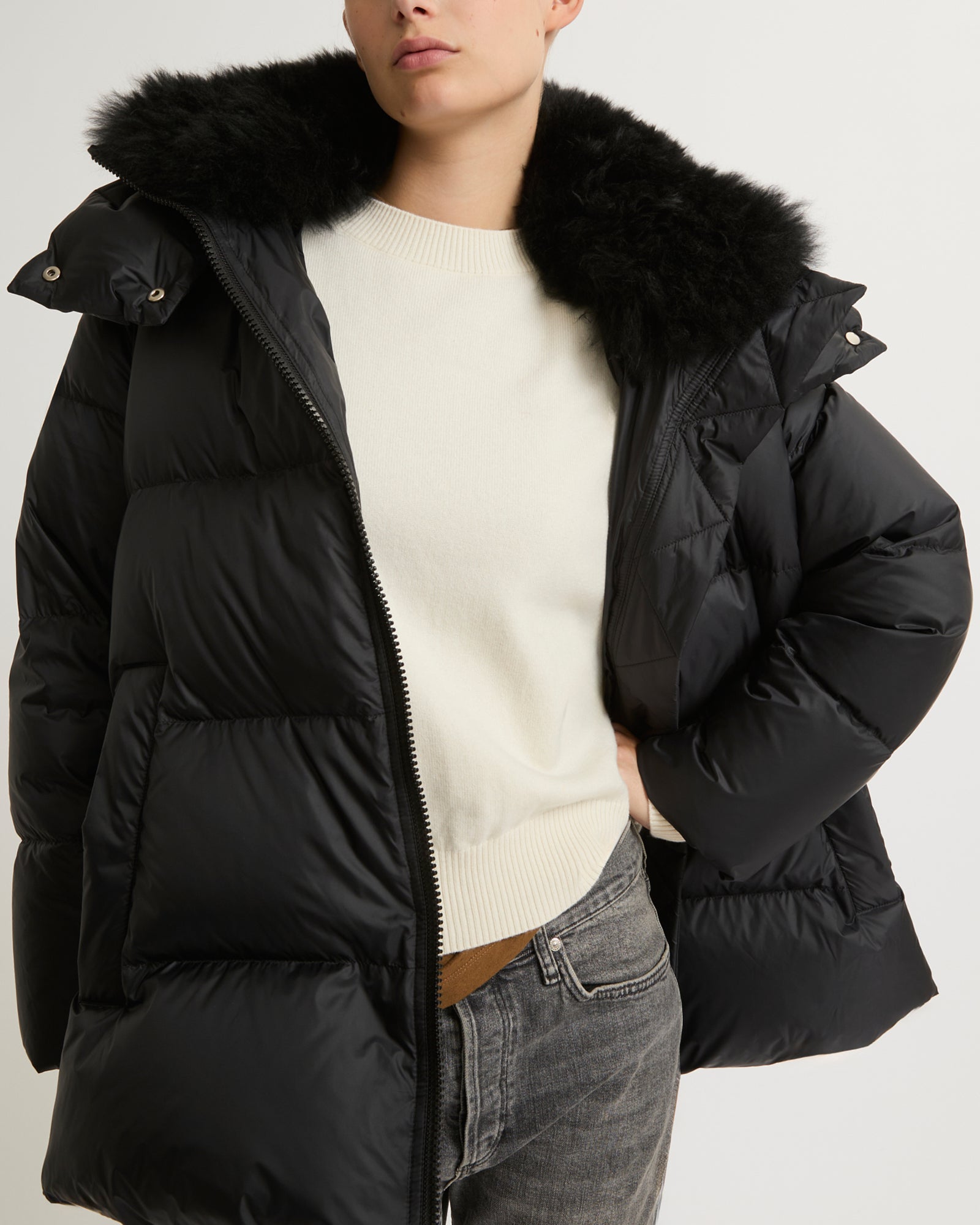 A line down jacket with fluffy lambswool - Black - Yves Salomon