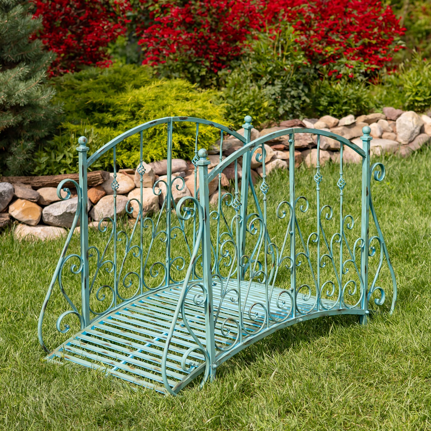 5ft. Long Antique Style Iron Garden Bridge in Rusty Blue 