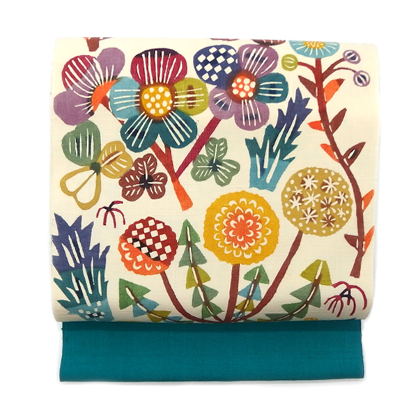 関美穂子 「道ばたの花」 九寸名古屋帯 染め帯 型染め 青緑色