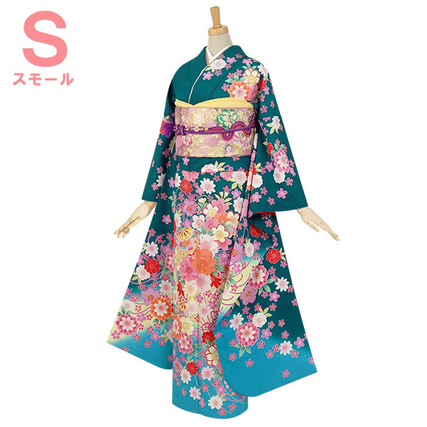 振袖：R460 【訳あり】青緑 鞠と桜の花束☆(絹)(S)│ 振袖レンタル