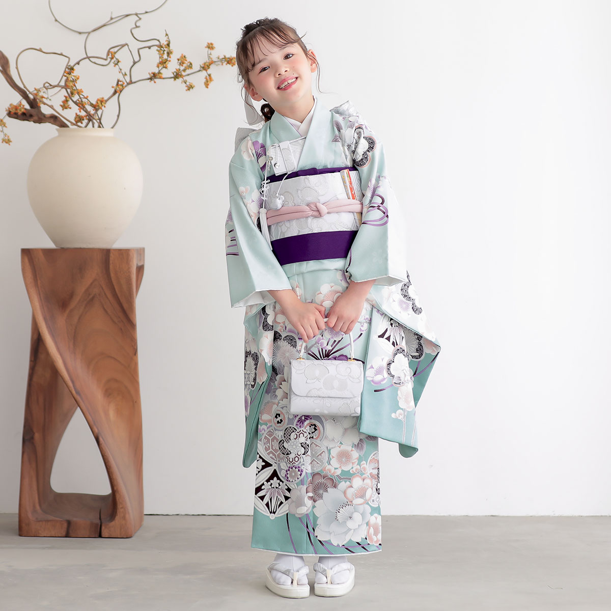 七五三七歳四つ身：N219 水色 梅に桜 | 七五三着物レンタル | 京都着物