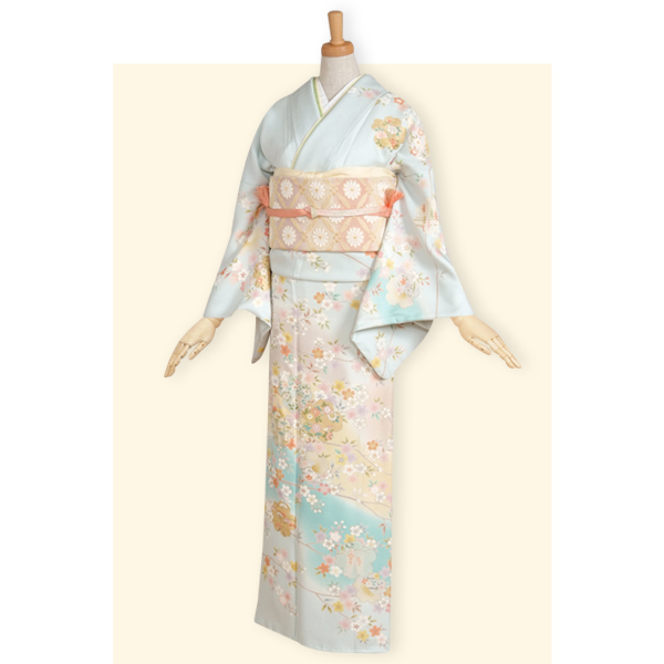 訪問着：H147 水色 吉祥桜| 訪問着レンタル │ 京都着物レンタル夢館