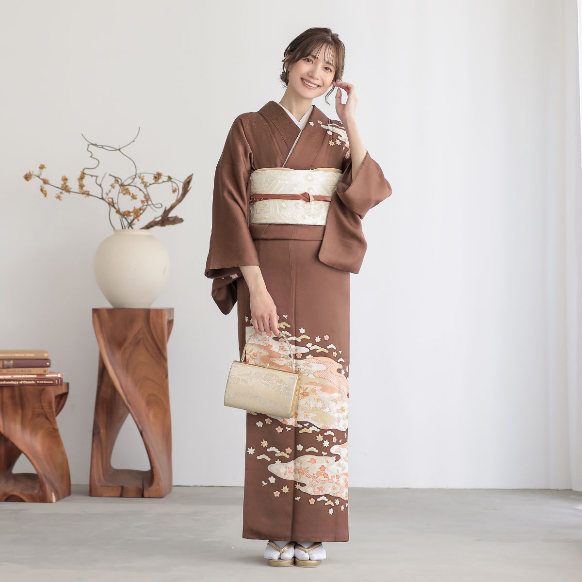 訪問着：H819 栗梅茶 京友禅作家 藤井寛 霞取り草花☆| 訪問着レンタル