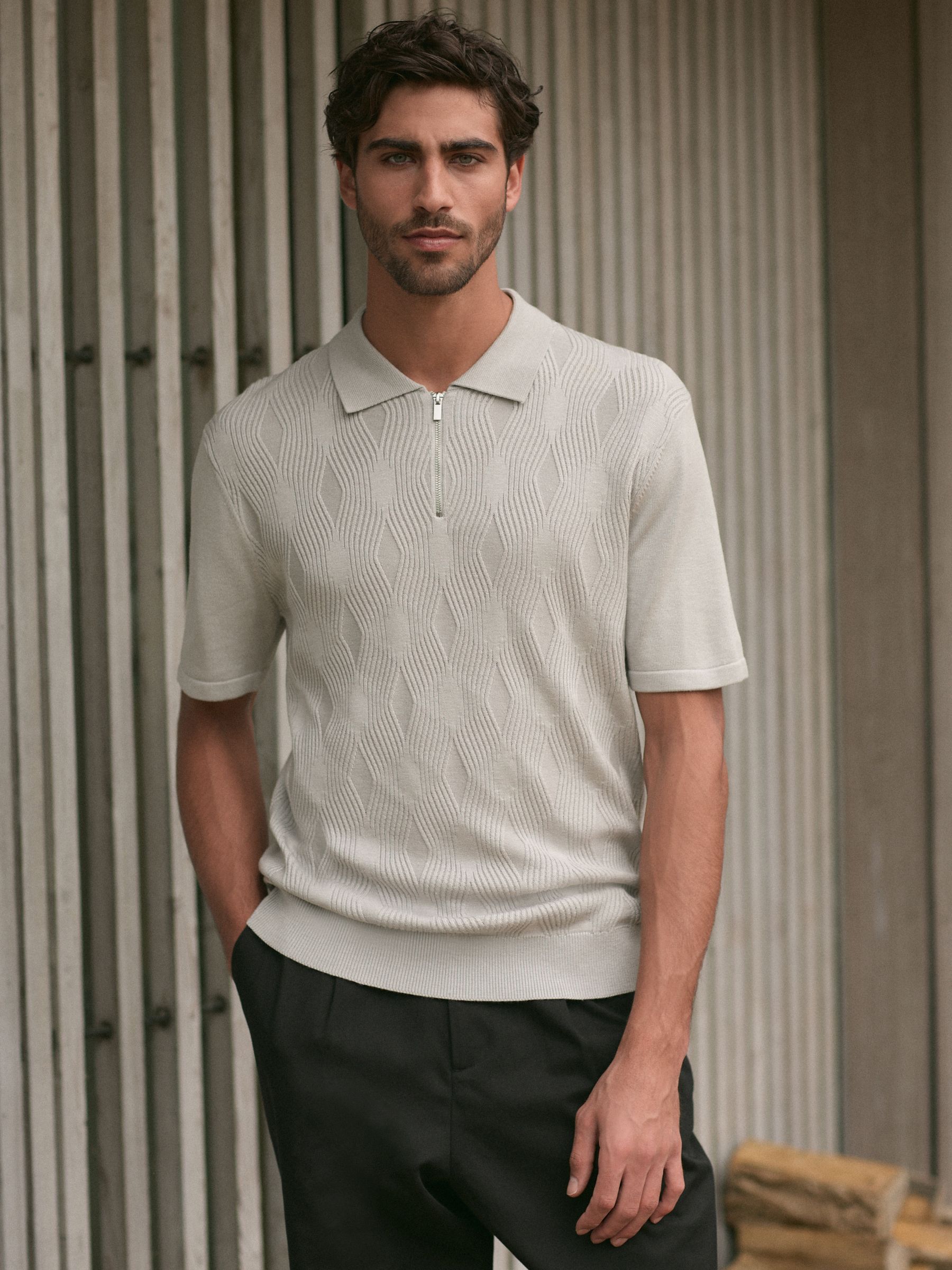 Buy Ice Grey Regular Fit Textured Knit Quarter Zip Polo Shirt from