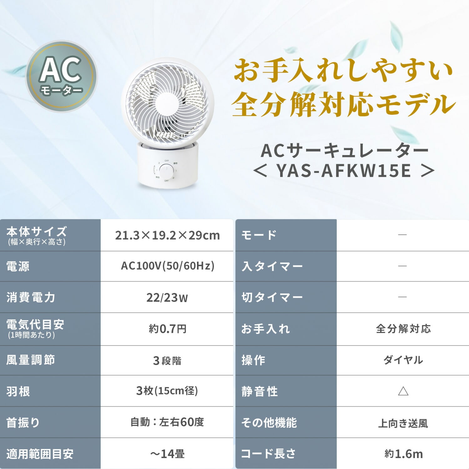 洗える サーキュレーター 全分解 左右自動首振り 風量3段階 14畳まで
