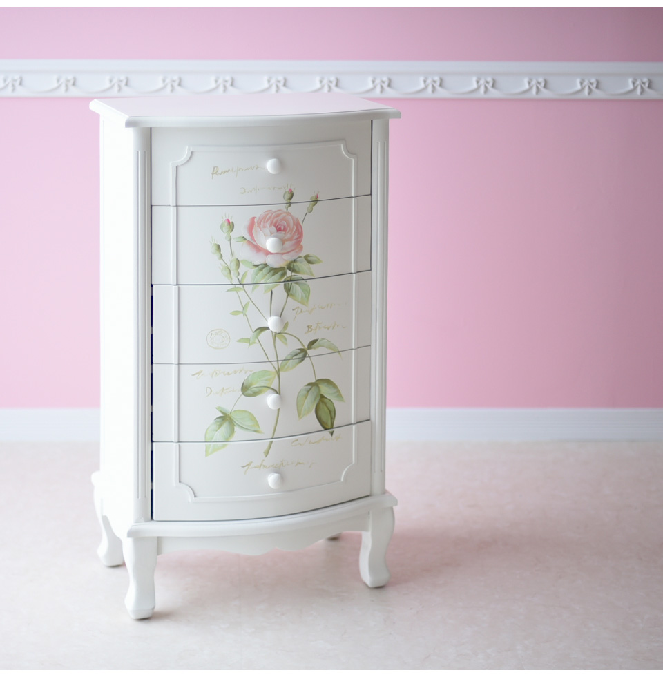ハンドペイント 薔薇の5段チェスト フレンチホワイト｜姫系ローズ家具
