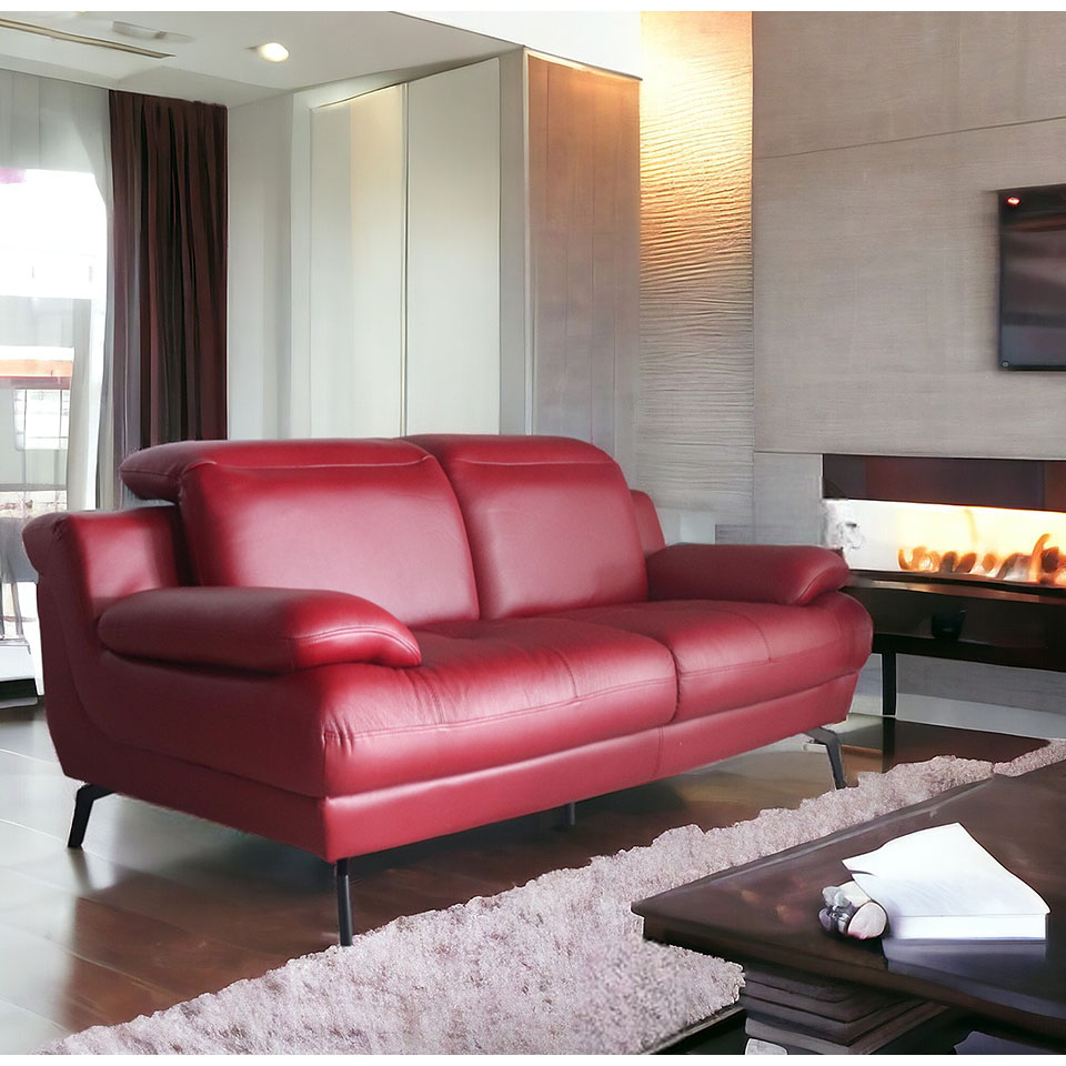 輸入家具 角度調節可能 本革 リクライニングソファ 三人掛け レッド(赤