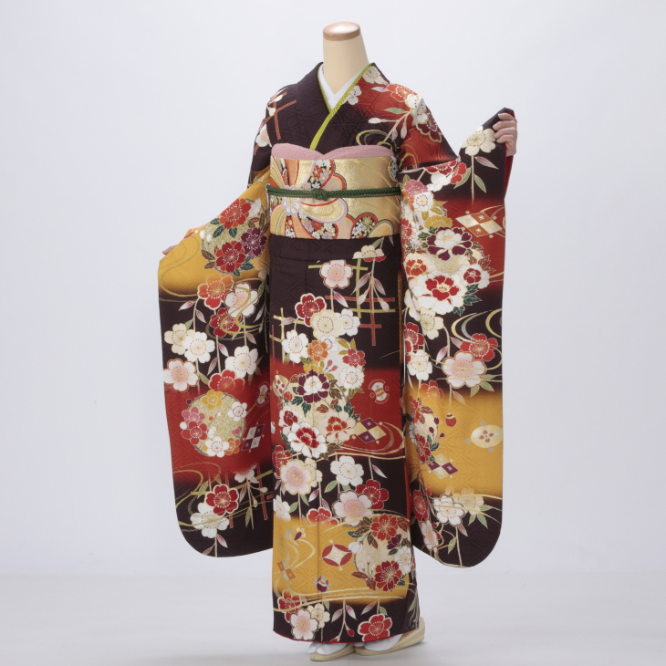 f0820052r2】【茶系】振袖 レンタル フルセット Lサイズ 【状態:A