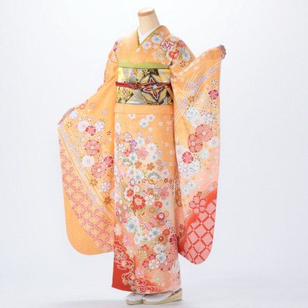 f0520296r2】【ピンク・オレンジ系】振袖 レンタル フルセット Lサイズ