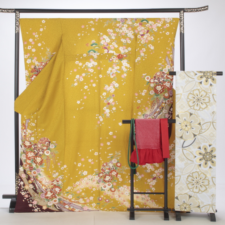 f0524462r】【からし・黄系】振袖 レンタル フルセット Lサイズ 【状態