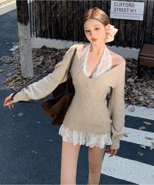 AsheKsha ニット セーター 1着で複数スタイルを楽しめるVネック