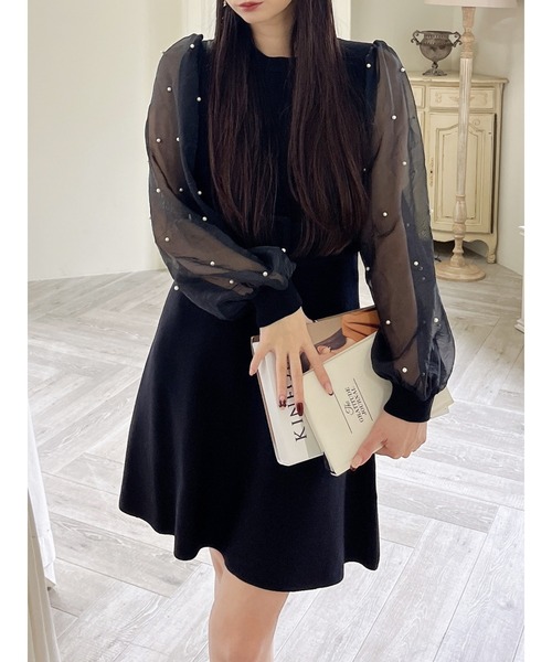 MIIA（ミーア） ワンピース パールスリーブ長袖ミニフレアワンピース