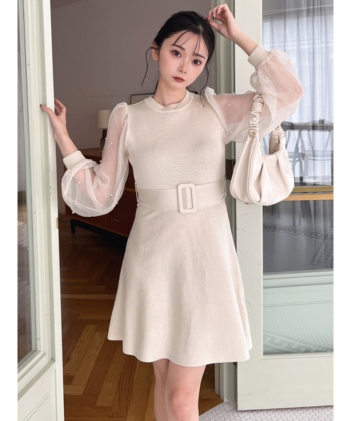 MIIA（ミーア） ワンピース パールスリーブ長袖ミニフレアワンピース