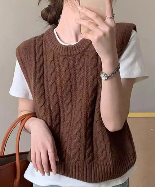 Dewlily ベスト ジレ ケーブル編みニットベスト レディース : ZOZOTOWN