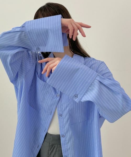 ブラウス シャツ BIGポケットオーバーサイズストライプシャツ