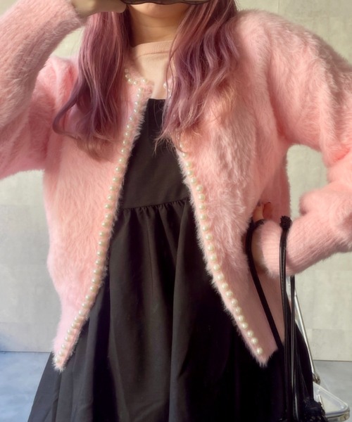 LACーVERT カーディガン パールパイピング シャギーファーカーディガン