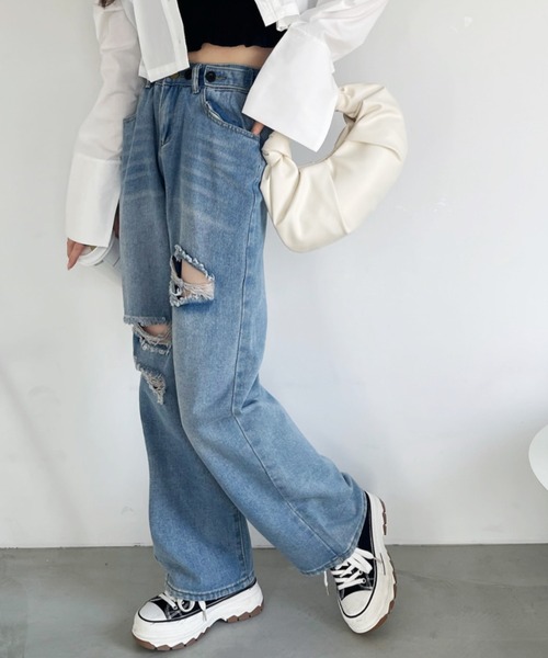 ジーンズ デニム デニムパンツ セミワイドクラッシュデニムパンツ