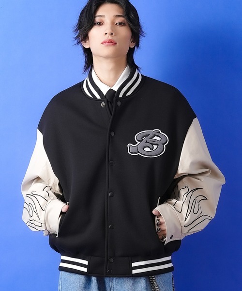 スタジャン a.p.o.v. フェルトワッペン＆フレイム刺繍アーム合成皮革